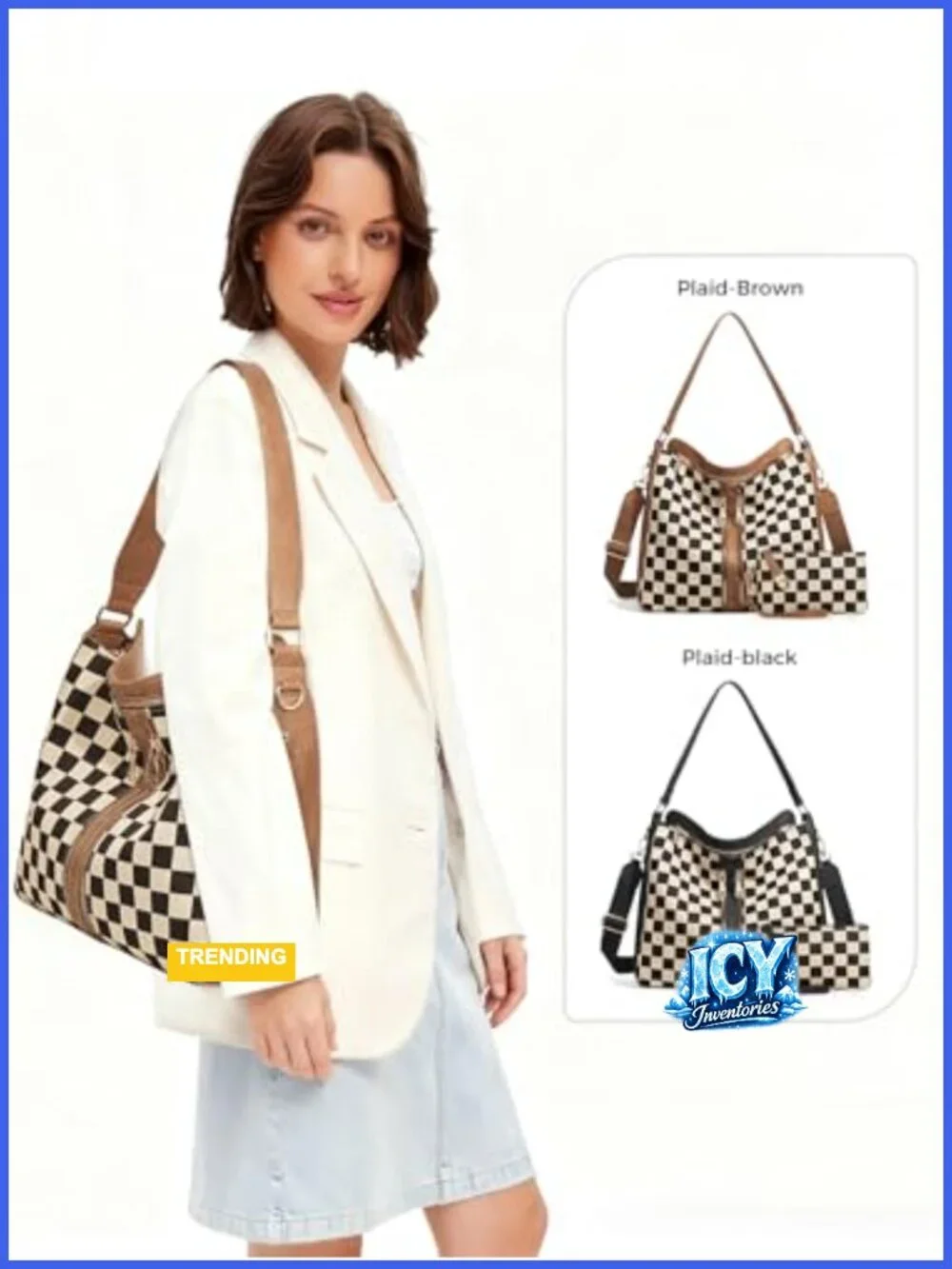 PU Leather Checkered Hobo Handbag with Adjustable Strap Crossbody Tote Women